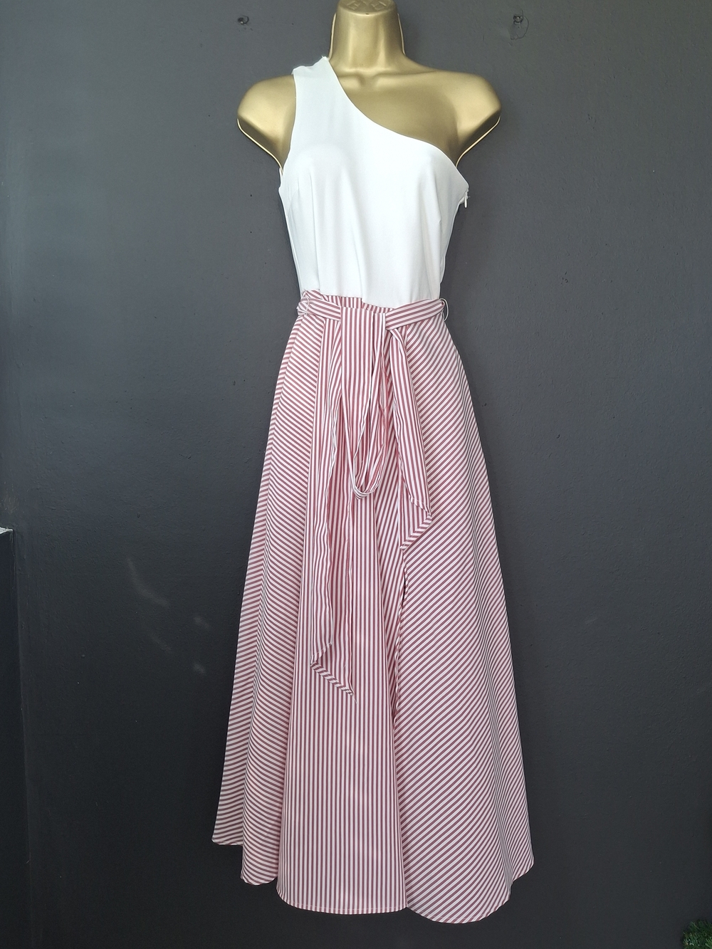 One-Shoulder White Top with Pink & White Striped Maxi Skirt
